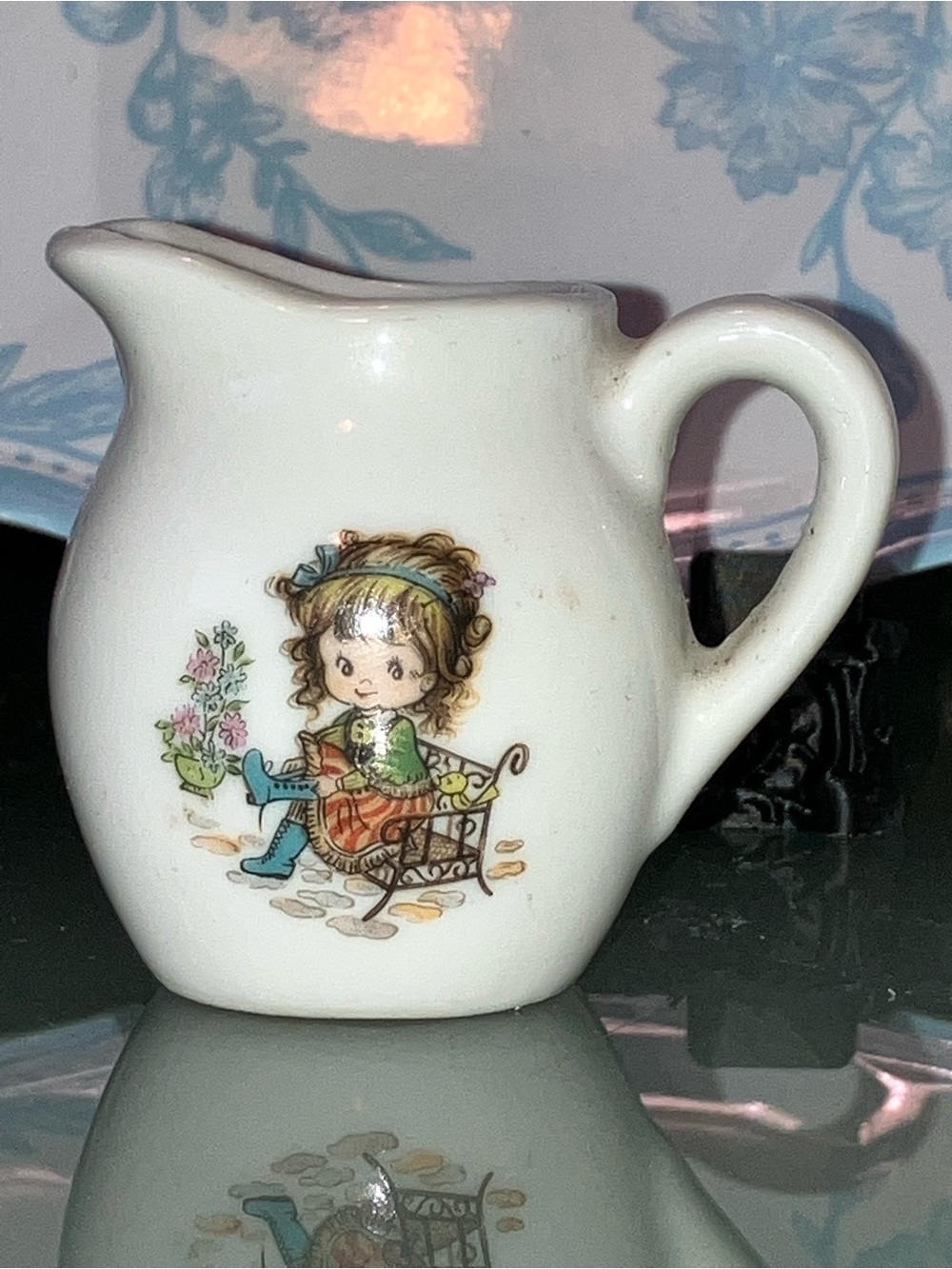 Vintage 80’s Japan Ceramic Mini Creamer Pitcher with Girl on Bench